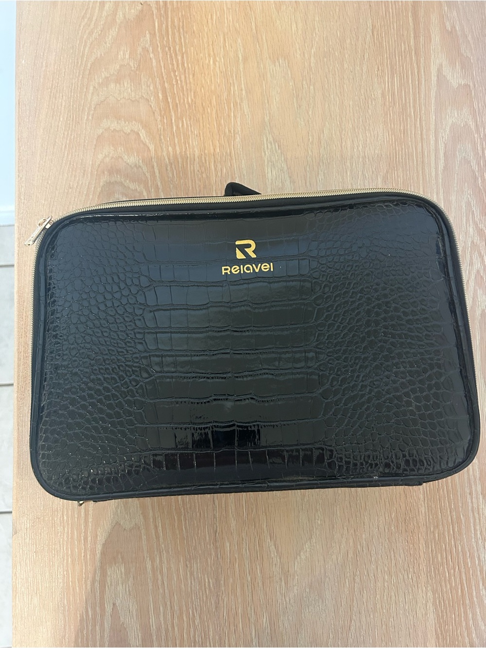 Relavel Black Croc-Embossed Travel Toiletry Case